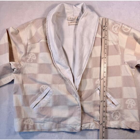 Urban Outfitters Kimono Jacket Cream Checked Wrap Coat Mushroom Peace XS S M - Picture 9 of 10